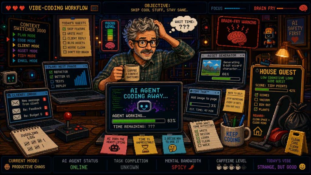 Pixel-art dashboard of an overwhelmed man managing multiple “vibe-coding” tasks while AI agents work in the background. Screens show focus levels, brain-fry warnings, unfinished quests, and “AI Agent Coding Away,” capturing productive chaos, mental overload, and AI-assisted workflow.