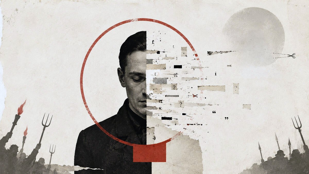 01-pitchforks A central black-and-white portrait is split in two: one half remains intact while the other dissolves into torn text fragments and marks inside a distressed red circle. Shadowy crowds with pitchforks and torches rise from both lower corners, while a dotted cut line and scissors suggest the watermark can be removed.