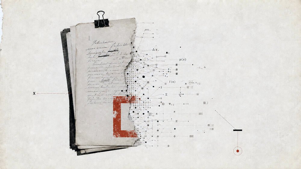 A clipped stack of handwritten pages is torn open along one side, revealing a dense neural-network-like structure of nodes, connecting lines, mathematical symbols and algorithmic fragments beneath the paper. A weathered red geometric block crosses the boundary between human writing and the exposed computational layer.