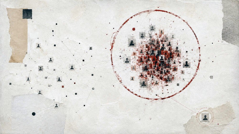 A sparse network of isolated profile silhouettes and faint connecting lines spreads across the left, contrasted with a tightly packed swarm of profiles, red fragments and connections contained inside a large distressed red circle on the right. A single profile at the lower right is separately circled, suggesting the danger of targeting an individual instead of recognising the larger pattern.