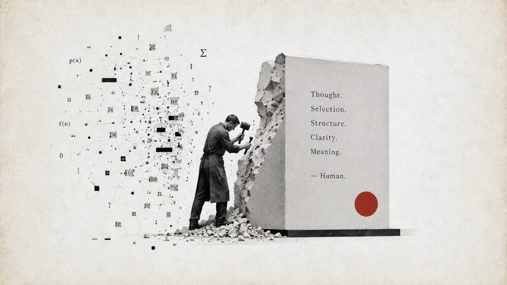 A lone sculptor chisels a rough mass of fragmented symbols, network lines and typographic debris into a clean rectangular slab. The finished surface reads “Thought. Selection. Structure. Clarity. Meaning. — Human.” with a muted red circle below, representing human judgement and craft shaping algorithmic material into coherent work.